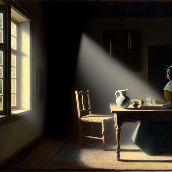 Persoon schrikt plotseling op in een rustige kamer met zacht licht, terwijl de ruimte in duisternis vervalt in de stijl van Vermeer