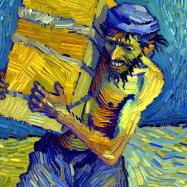 Plotselinge scherpe pijn in rug bij tillen - expressieve Van Gogh-illustratie Persoon met plotselinge hevige rugpijn terwijl zware doos wordt opgetild, Van Gogh-stijl met expressieve penseelstreken