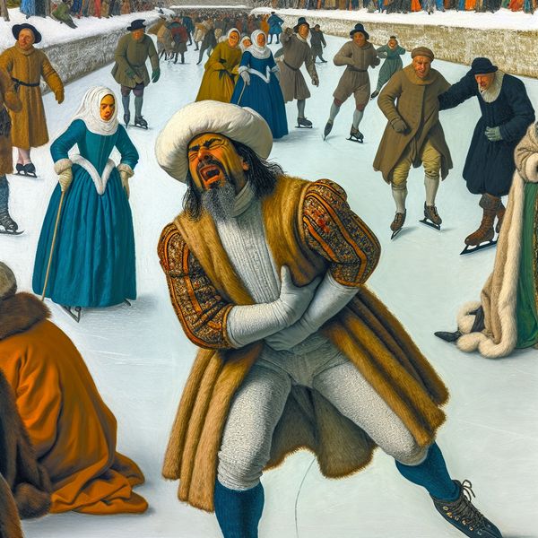 17e-eeuwse wintertafereel met schaatsers op een bevroren kanaal, waarbij een persoon plotseling hevige rugpijn ervaart, geïllustreerd in de stijl van Hendrick Avercamp