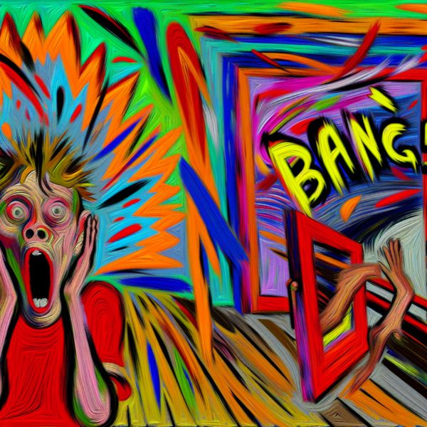 Plotselinge schrik uitdrukken met abstracte kunst en het woord Bang Abstracte voorstelling van iemand die plotseling schrikt met wijd open mond en opengesperde ogen, omringd door felle kleuren en het woord 'Bang!' in een expressieve stijl van Karel Appel