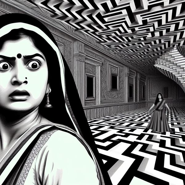 Surrealistische voorstelling van een plotselinge schrikreactie in de stijl van M.C. Escher, met een persoon in een onmogelijke gang met optische illusies en een dreigende schaduwfiguur