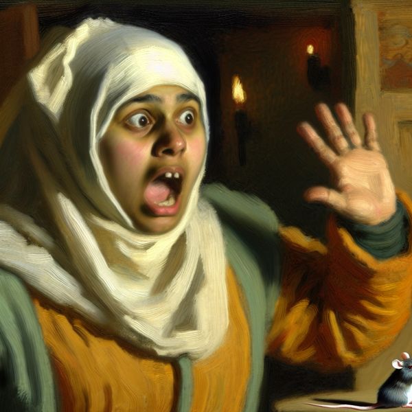 Plotselinge schrikreactie door muis - dynamisch schilderij in barokstijl Schilderij in de stijl van Frans Hals van een persoon die plotseling schrikt van een snel bewegende muis in huis