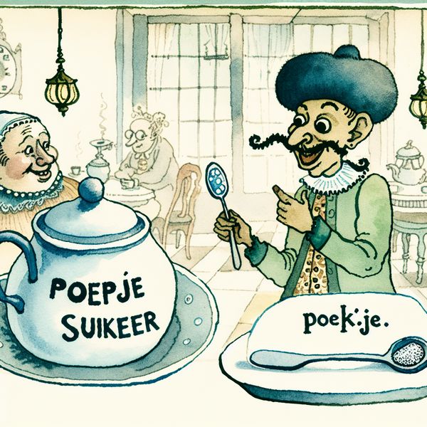 Illustratie poepje suiker betekenis - informeel beetje Nederlands leren Cartoonachtige scène van een gezellig Nederlands café waar een vrolijk personage een piepklein hoopje suiker genaamd 'poepje suiker' aanbiedt aan een kopje koffie, ter illustratie van het informele woord 'beetje'