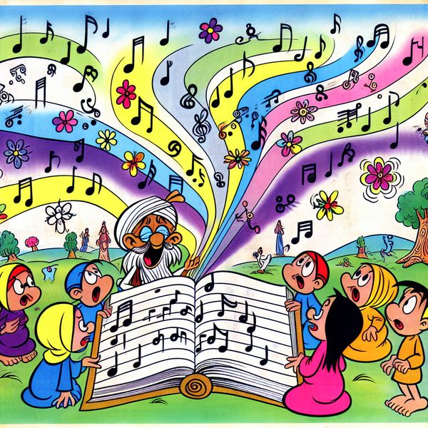 Een kleurrijke cartoonafbeelding van een groep animatiefiguren rondom een groot open boek met geluidsgolven en muzikale noten die bloemen worden.