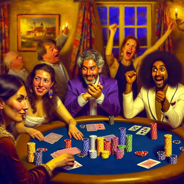 Poker Spel Met Diverse Spelers en Winnende Hand Een levendige poker scene met een diverse groep mensen rond een tafel vol kleurrijke pokerchips en geld, terwijl een speler triomfantelijk zijn hand opsteekt na een overwinning.