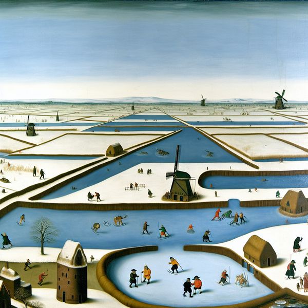 Polderlandschap met Winteractiviteit in Nederland Winterlandschap met polder en schaatsen op bevroren kanalen