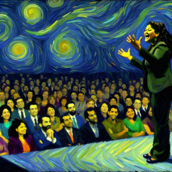 Politicus wint vertrouwen en steun van publiek - Van Gogh inspiratie voor taal leren Charismatische politicus houdt gepassioneerde toespraak voor een betrokken publiek in Van Gogh-stijl, symboliserend vertrouwen en steun winnen