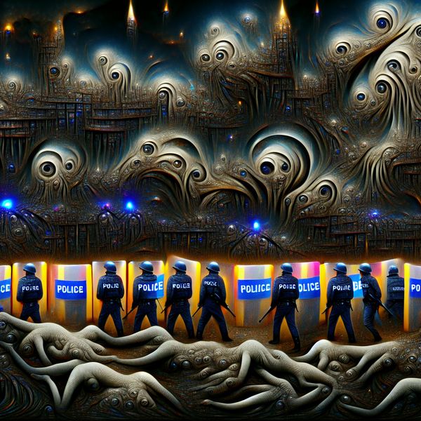 Politie zet demonstratie af: surrealistisch tafereel van verwijderen en uitsluiting Surrealistische voorstelling van politie die een chaotische demonstratie afzet met gloeiende barrières en bizarre wezens, geïnspireerd op Hieronymus Bosch