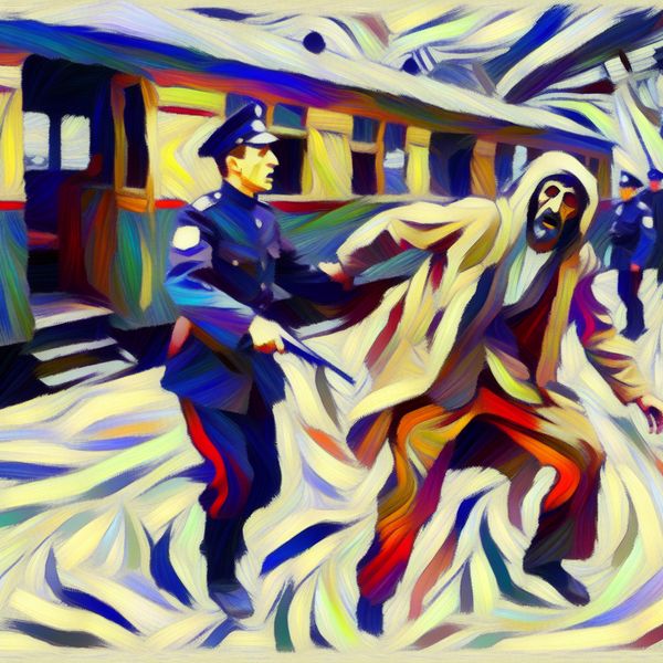 Politieagent begeleidt man naar treinstation - abstracte kunsttaal leren Abstract expressionistisch schilderij van een politieagent die een verwarde man begeleidt naar een treinstation, met chaotische penseelstreken en levendige kleuren