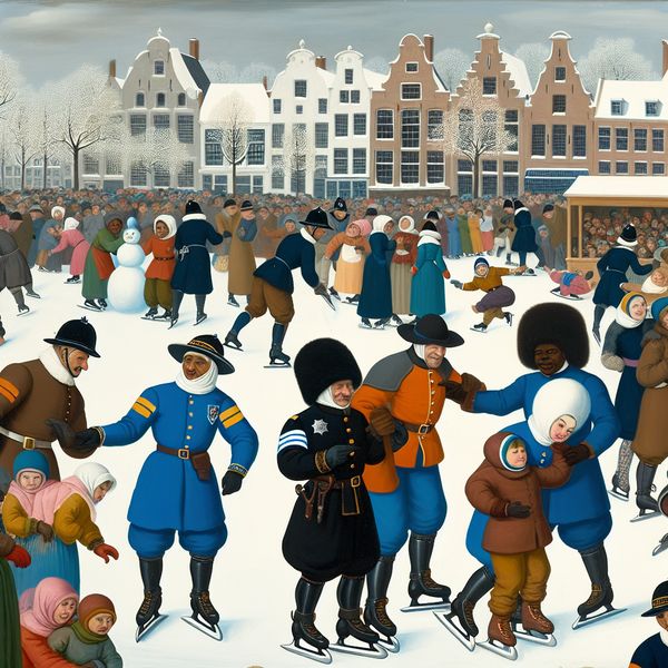 Politie in een winterlandschap met schaatsende kinderen Politieagenten helpen kinderen met schaatsen in een drukke winterse stadsscene met sneeuw en vrolijke mensen.