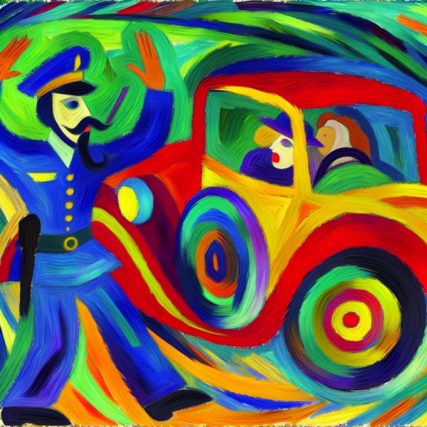 Politieagent stopt auto - expressieve taalkundige illustratie van 'stoppen' Abstracte voorstelling van een politieagent die een rijdende auto met een handgebaar tot stoppen dwingt, in expressieve stijl van Karel Appel