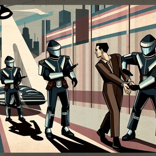 Retro-futuristische illustratie van politieagenten die een verdachte in de boeien slaan in een jaren 50-stijl straatscène