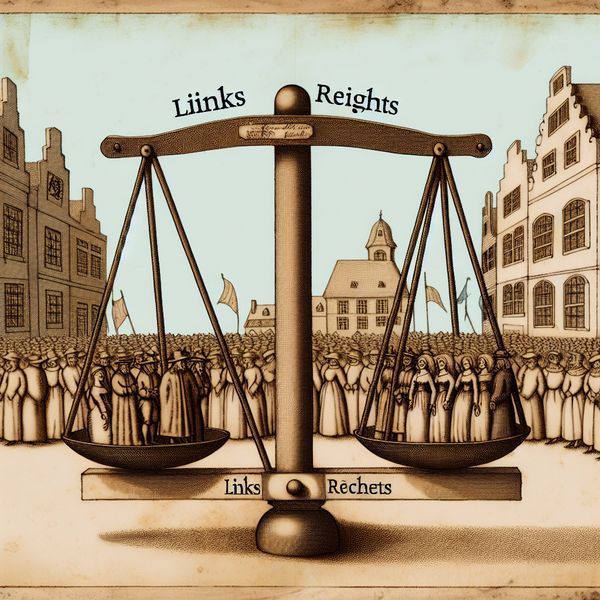 Gematigde figuren balanceren een politieke wipwap tussen links en rechts in een nostalgische stadsplein-scène, symbool voor het politieke midden
