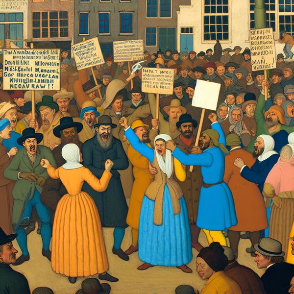 Chaos van een Politiek Debat Buitenshuis Illustratie van een chaotisch politiek debat met diverse groepen mensen die tegenstrijdige meningen vertegenwoordigen, in de stijl van Jan Steen.