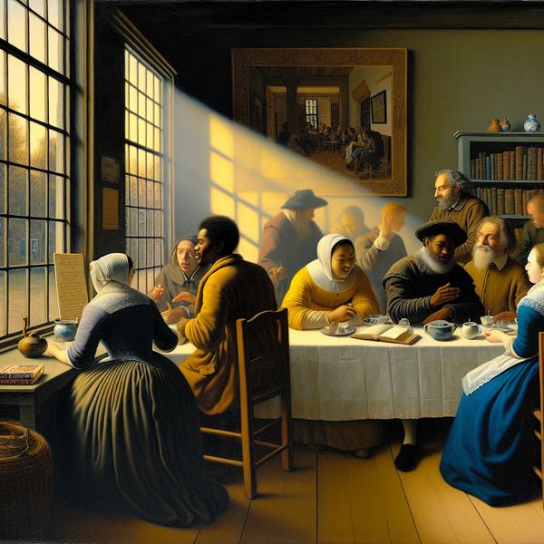 Politieke Debatbijeenkomst in de Stijl van Vermeer Een levendig debat over politieke ideeën met een diverse groep mensen aan een tafel, geïnspireerd door de stijl van Johannes Vermeer.