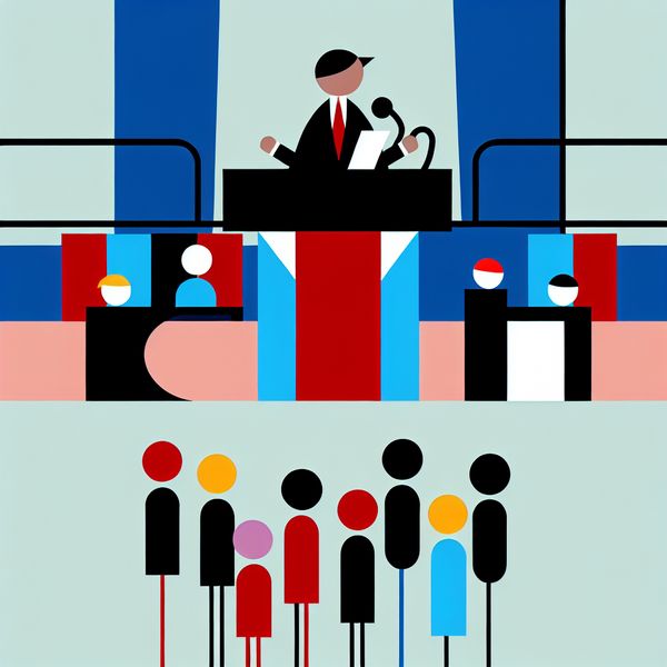 Minimalistische illustratie van een politieke leider die een toespraak houdt voor een diverse groep in een parlement, in de stijl van Dick Bruna