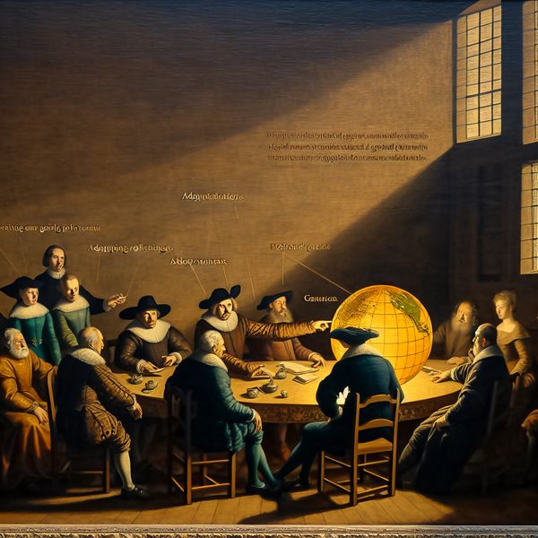 Politieke Leiders Bespreken Klimaatbeleid Groep diverse politieke leiders in gesprek over klimaatbeleid aan een houten tafel, met een wereldbol op tafel.