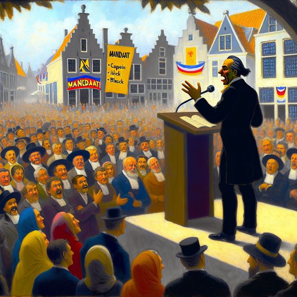 Politieke Toespraak in de Stadsplein met Mandaat Een zelfverzekerde Nederlandse politicus spreekt tot een diverse menigte in een levendige stadsplein.