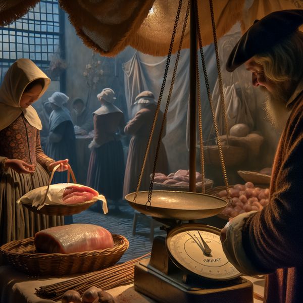 17e-eeuwse Nederlandse marktscène met een elegante klant die een pakket gehakt van 1 pond koopt bij een slager, gewogen op een koperen weegschaal
