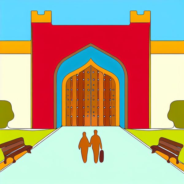 Minimalistische illustratie van een grote houten poort met twee mensen die een oude stad binnenlopen, in de stijl van Dick Bruna