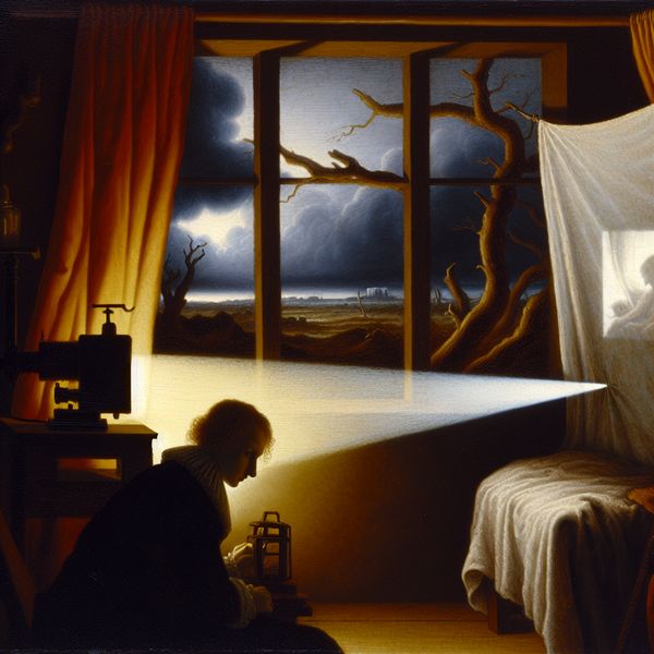 Symbolische voorstelling van pornografie kijken in een klassieke schilderstijl Jongeman kijkt naar een erotische film in een schemerige kamer met een projector, terwijl buiten een stormachtig landschap te zien is in de stijl van Jacob van Ruisdael