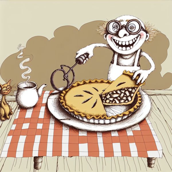 Portie appeltaart nemen - Nederlandse taaloefening met cartoonillustratie Vriendelijk personage met bril schept een portie appeltaart af in een gezellige keuken met een kat en thee