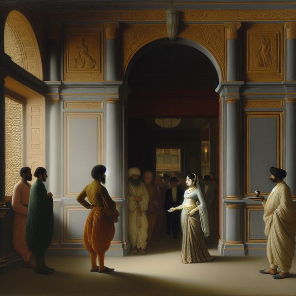 Portier houdt met kalme autoriteit een groep elegante maar ongewenste bezoekers tegen in een weelderige entreehal in Vermeer-stijl
