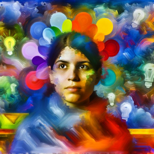 Vibrant Portret van een Vrouw met Determinatie en Creativiteit Portret van een jonge vrouw met vastberadenheid in haar ogen, omringd door kleurrijke elementen die haar gedachten en ideeën weergeven.