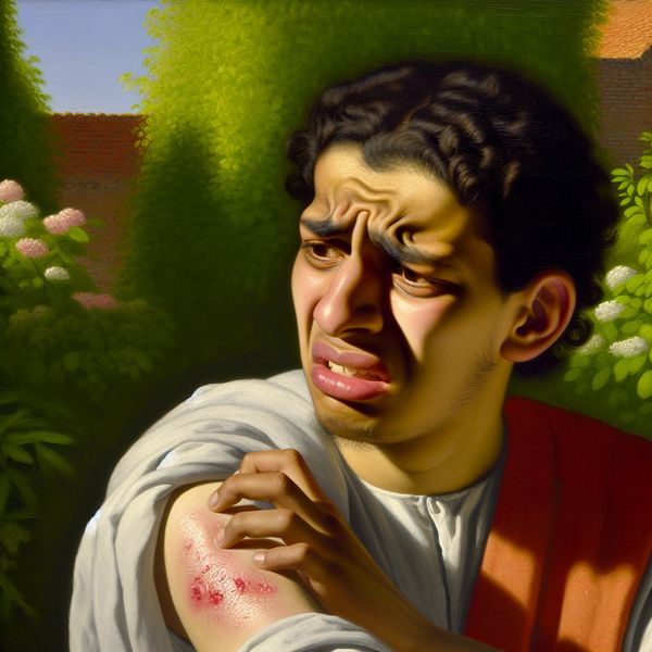 Portret van een Meisje met Huidirritatie Close-up portret van een jonge meid met een distressed expressie, krabbend aan haar arm met zichtbare rode huidaanzichten vol irritatie, in een zonnige tuin.