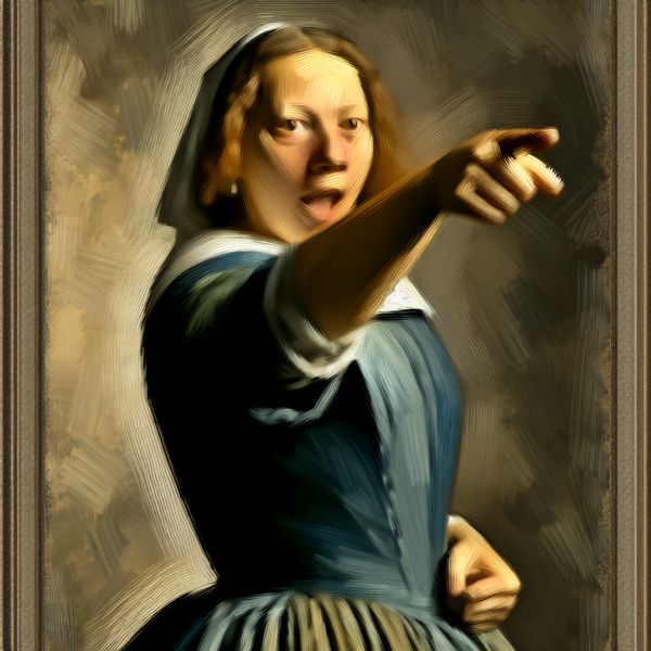 Portret in de stijl van Frans Hals van een persoon die met een intense blik en uitgestrekte vinger recht naar de kijker wijst, benadrukkend dat de boodschap specifiek voor jou bedoeld is