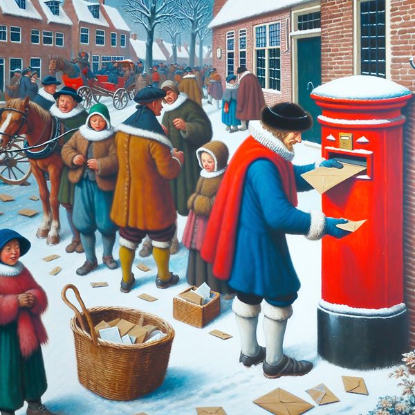 Post uit brievenbus halen: traditionele postbezorging in historische Nederlandse winterscène 17e-eeuwse postbode haalt post uit een felrode brievenbus in een besneeuwd Nederlands dorp, omringd door spelende kinderen en dorpsbewoners