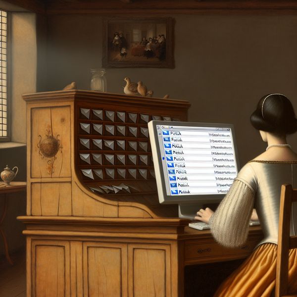 Postvak betekenis: digitale inbox in historische setting voor taalstudenten 17e-eeuws Nederlands interieur met persoon achter houten bureau die gefocust naar een moderne computer kijkt met een geopend postvak op het scherm