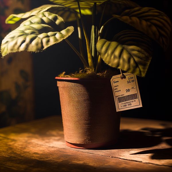 Stilleven van Potplant met Prijslabel voor Taalleren Stilleven van een potplant met prijslabel op een rustieke houten tafel met warme aardetinten