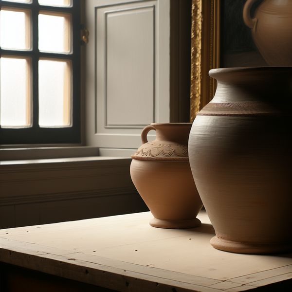 Potten van Klei in een Serene Binnenomgeving Twee prachtig vervaardigde potten van klei op een lichte houten tafel, verlicht door natuurlijk licht.
