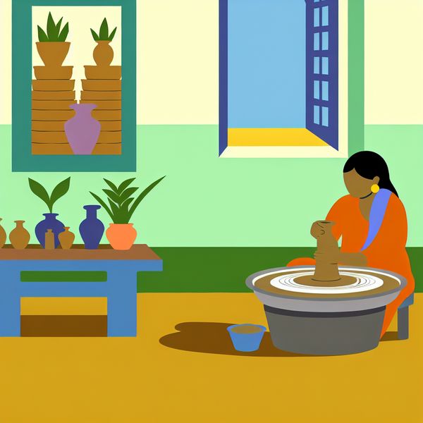 Pottenbakken: Een vrouw creëert een kleipot in heldere studio Vrouw die geconcentreerd aan een pottenbakkersschijf zit en een kleipot vormt in een minimalistische studio