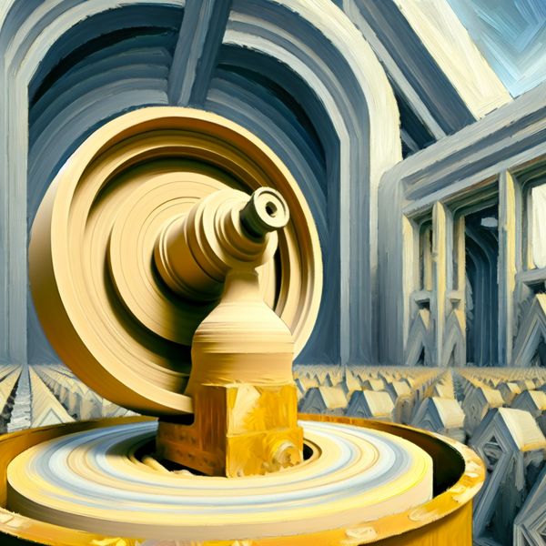 Pottenbakkersschijf als machine: surrealistische weergave van creatie en mechanica Hyperrealistisch surrealistisch tafereel van een monumentale pottenbakkersschijf met verse klei, omringd door geometrische architectuur in dramatisch licht