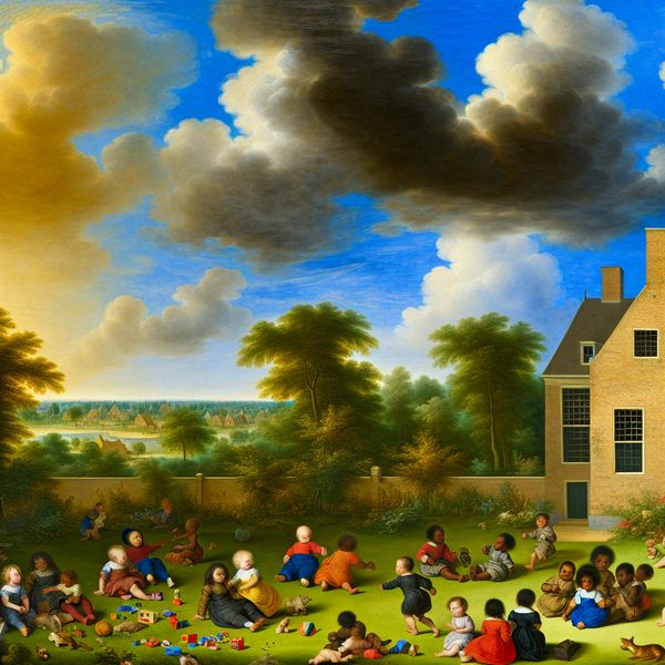 Prachtig landschap met huis en spelende kinderen Een prachtig landschap met een nieuwe woning omringd door groen, met spelende kinderen op de voorgrond.