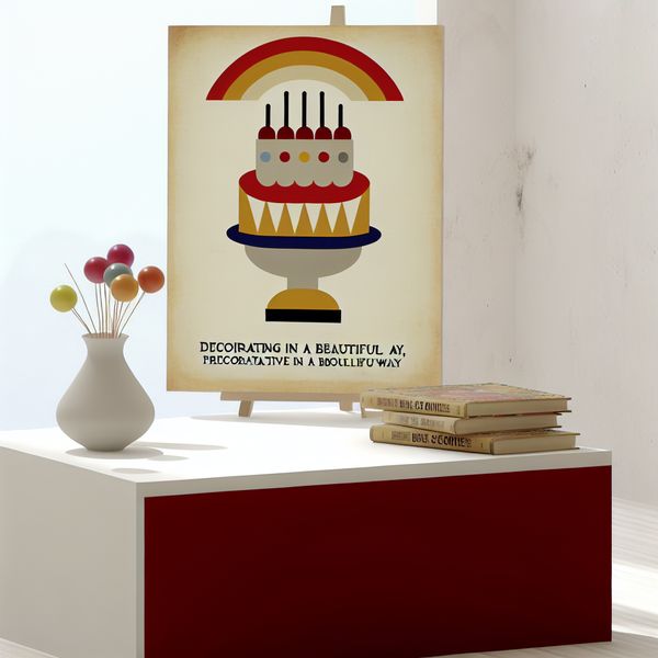 Prachtig Versierde Cake in Minimalistische Stijl Een prachtig versierde cake op een minimalistische tafel met een kinderlijke en vrolijke uitstraling, geïnspireerd op de kunst van Dick Bruna.