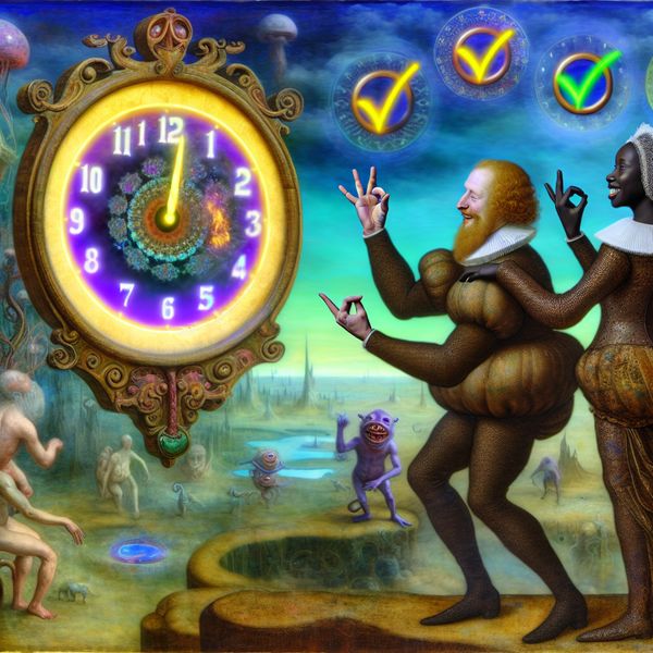 Precies bevestigen in surrealistische stijl - taaluitdrukking Nederlands leren Twee middeleeuwse figuren in een surrealistisch landschap van Hieronymus Bosch, wijzend naar een grote klok die 8 uur aangeeft als symbool van exacte bevestiging en wederzijds begrip