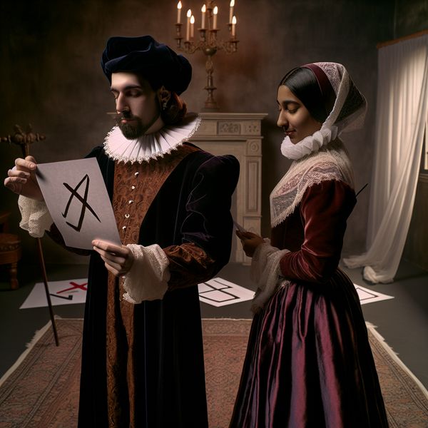 17e-eeuws Nederlands schilderij van twee personen die papieren tonen met een kruis en een vinkje, symboliserend exact en niet exact in een taalcontext