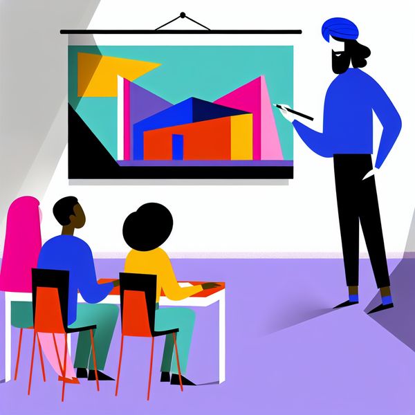 Presentatie van een Creatief Architecturaal Ontwerp in de Klas Minimalistische illustratie van een persoon die een kleurrijk architectonisch ontwerp presenteert aan klasgenoten.
