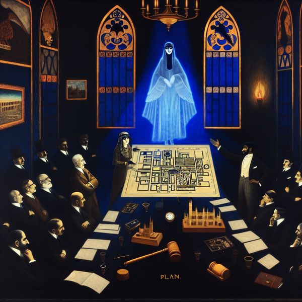 Presentatie van een plan tijdens een vergadering: symboliek en besluitvorming Symbolische voorstelling van een spannende bestuursvergadering waar een persoon een gloeiend blauw plan presenteert aan sceptische leidinggevenden in een gotische ruimte