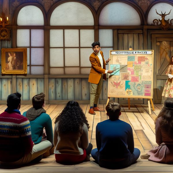 Voorbeeld van een innovatieve strategie presentatie Een man presenteert enthousiast een kleurrijke geïllustreerde grafiek in een vintage presentatieruimte, omringd door een geïnteresseerd publiek.