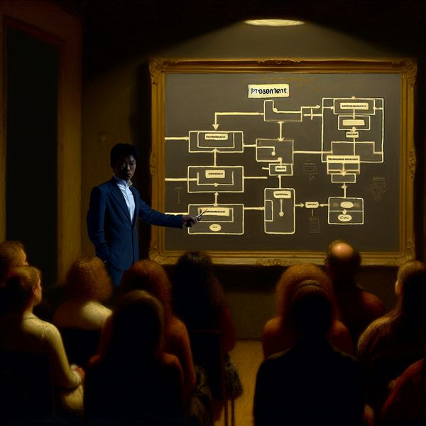 Een presentator wijst naar een vloeiende stroomdiagram op een presentatiebord in een zwak verlichte ruimte, terwijl het publiek aandachtig kijkt.