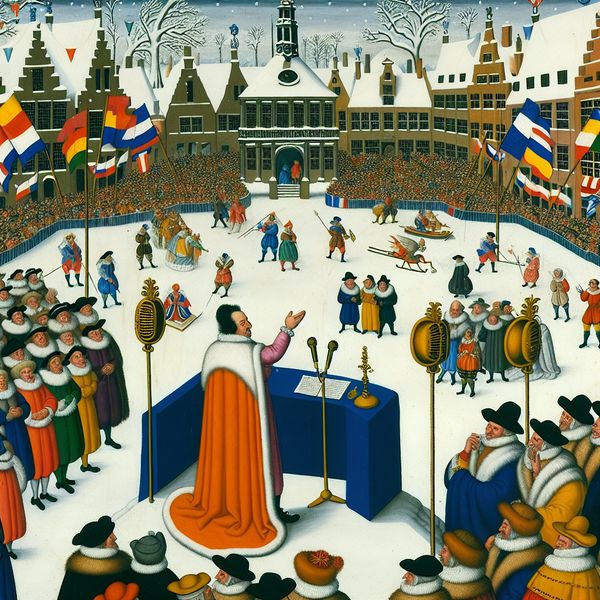 17e-eeuwse winterse toespraak van een president als staatshoofd tot burgers op een besneeuwd plein, omringd door microfoons en vlaggen