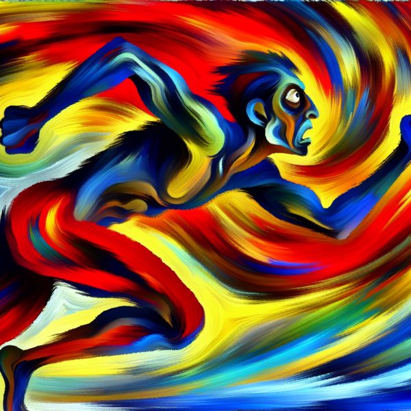 Presteerder in actie: dynamische sportinspanning in expressieve kunststijl Abstracte voorstelling van een hardloper die tot het uiterste gaat, met felle kleuren en expressieve penseelstreken in de stijl van Karel Appel