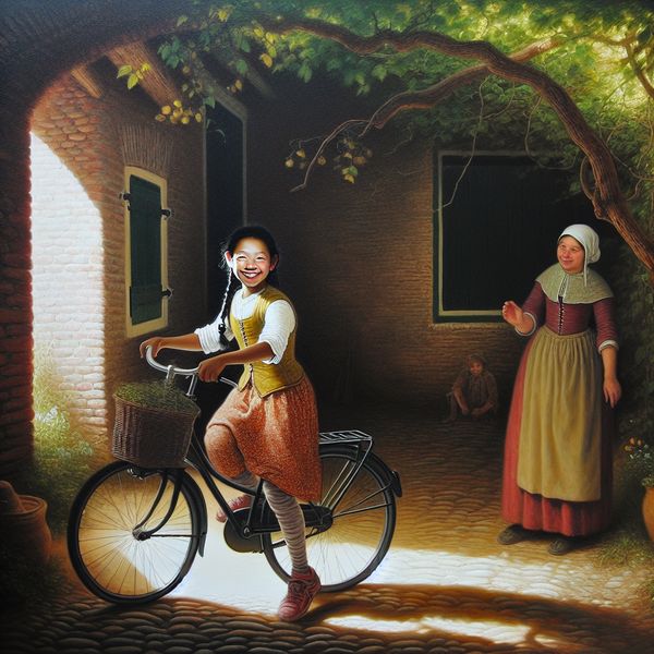 Betekenis van 'prima' - zelfverzekerd fietsen in Nederlands dorp | Taal leren Nederlands Jong meisje fietst zelfverzekerd door een 17e-eeuws Nederlands dorp, zwaaiend naar haar moeder, in warme Rembrandt-stijl met chiaroscuro