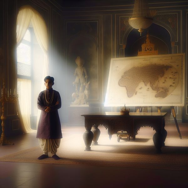 Een jonge prins in koninklijke kleding staat naast een grote kaart van het koninkrijk in een elegant paleisinterieur, met diffuus licht.