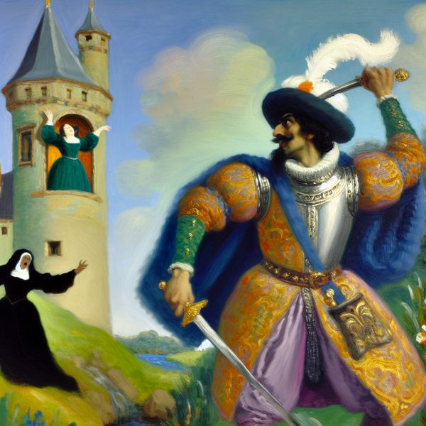 Dappere prins in koninklijk tenue staat triomfantelijk bij een oude toren en kijkt naar een prinses die uit het raam zwaait, geschilderd in de levendige stijl van Frans Hals