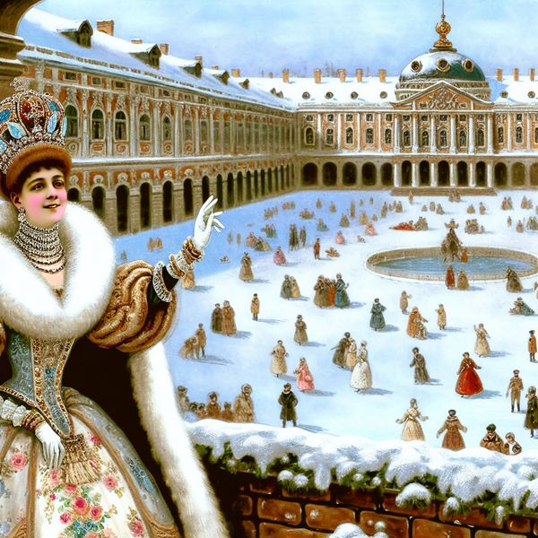 Prinses in een weelderige bontgevoerde jurk en kroon, zwaaiend vanaf een balkon van een besneeuwd koninklijk paleis naar een vrolijke menigte die schaatst en feest op het ijs